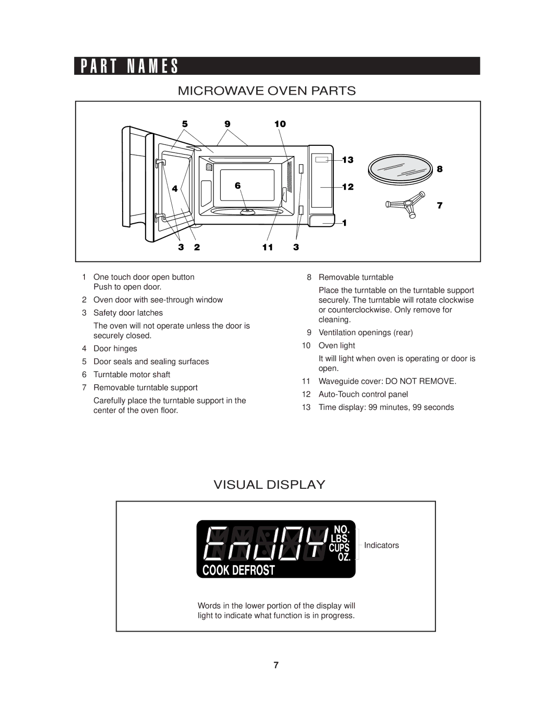 Sharp R-414HS warranty R T N a M E S, Microwave Oven Parts, Visual Display, Indicators 