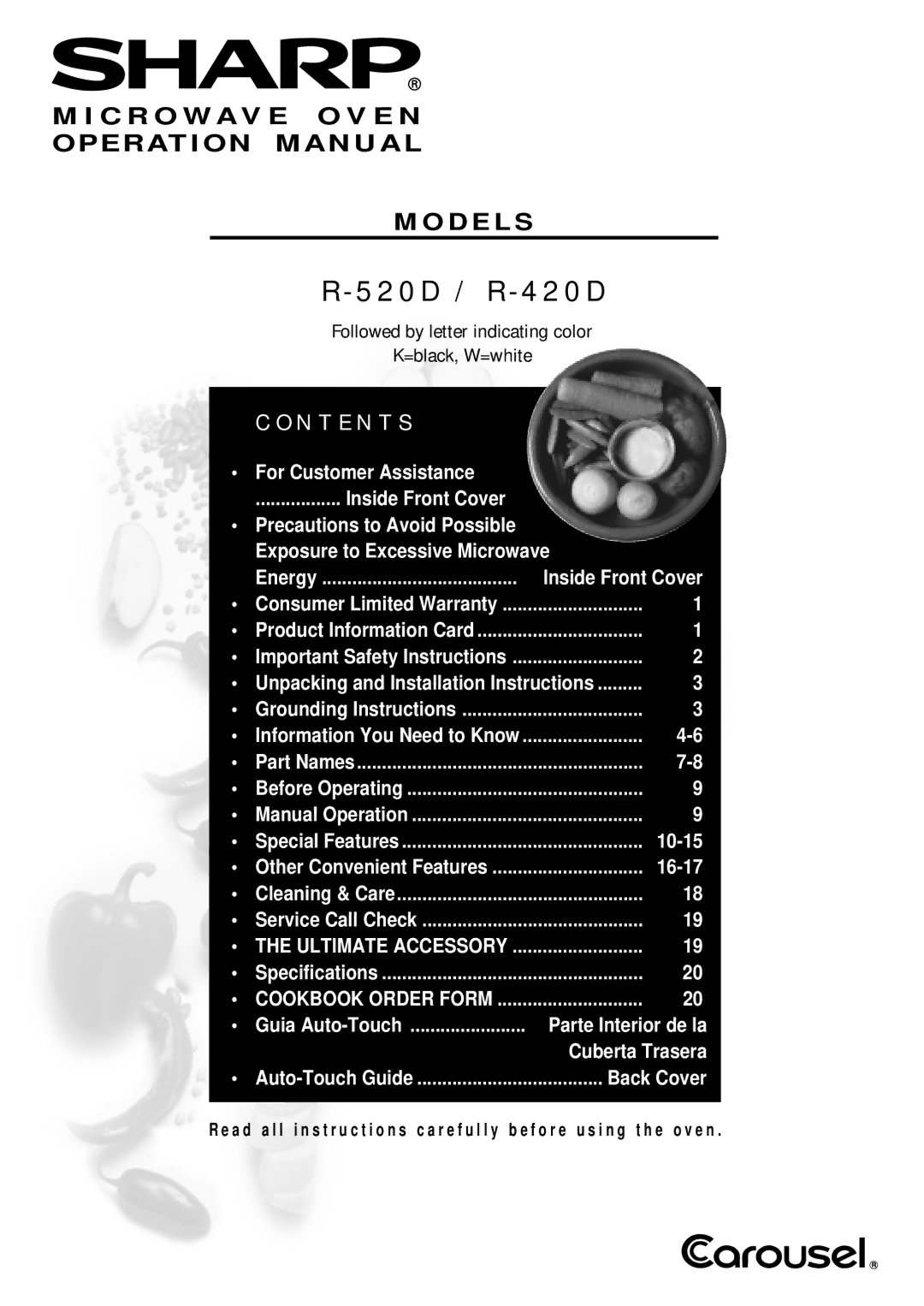 Sharp R-520D, R-420D operation manual N T E N T S, Microwave Oven Models 