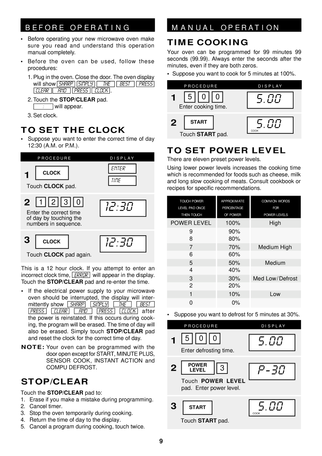 Sharp R-520D, R-420D To SET the Clock, Stop/Clear, Time Cooking, To SET Power Level, O C E D U R ED I S P L a Y 