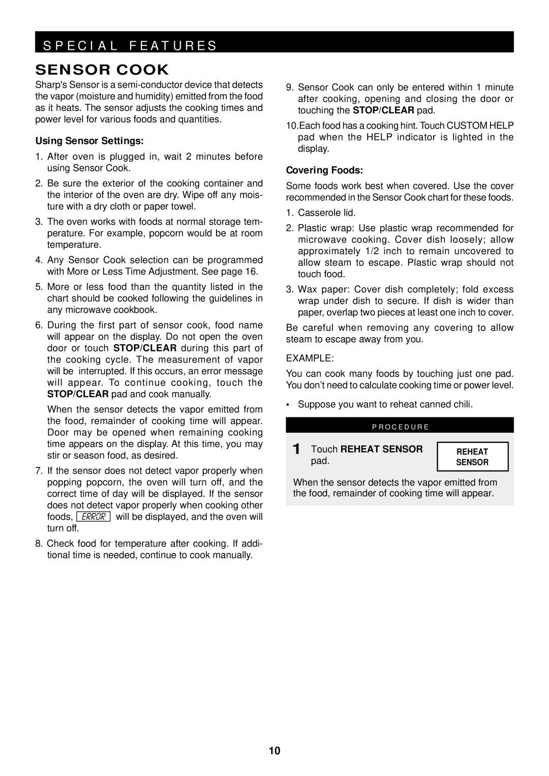 Sharp R-420D, R-520D operation manual Sensor Cook, O C E D U R E, Using Sensor Settings, Covering Foods 