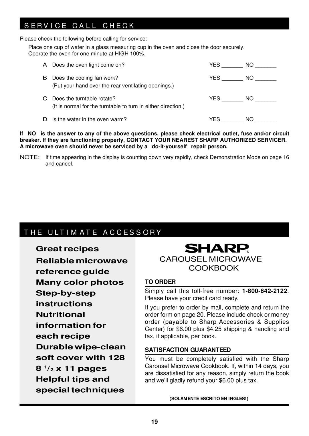 Sharp R-520D, R-420D operation manual R V I C E C a L L C H E C K, E U L T I M a T E a C C E S S O R Y 