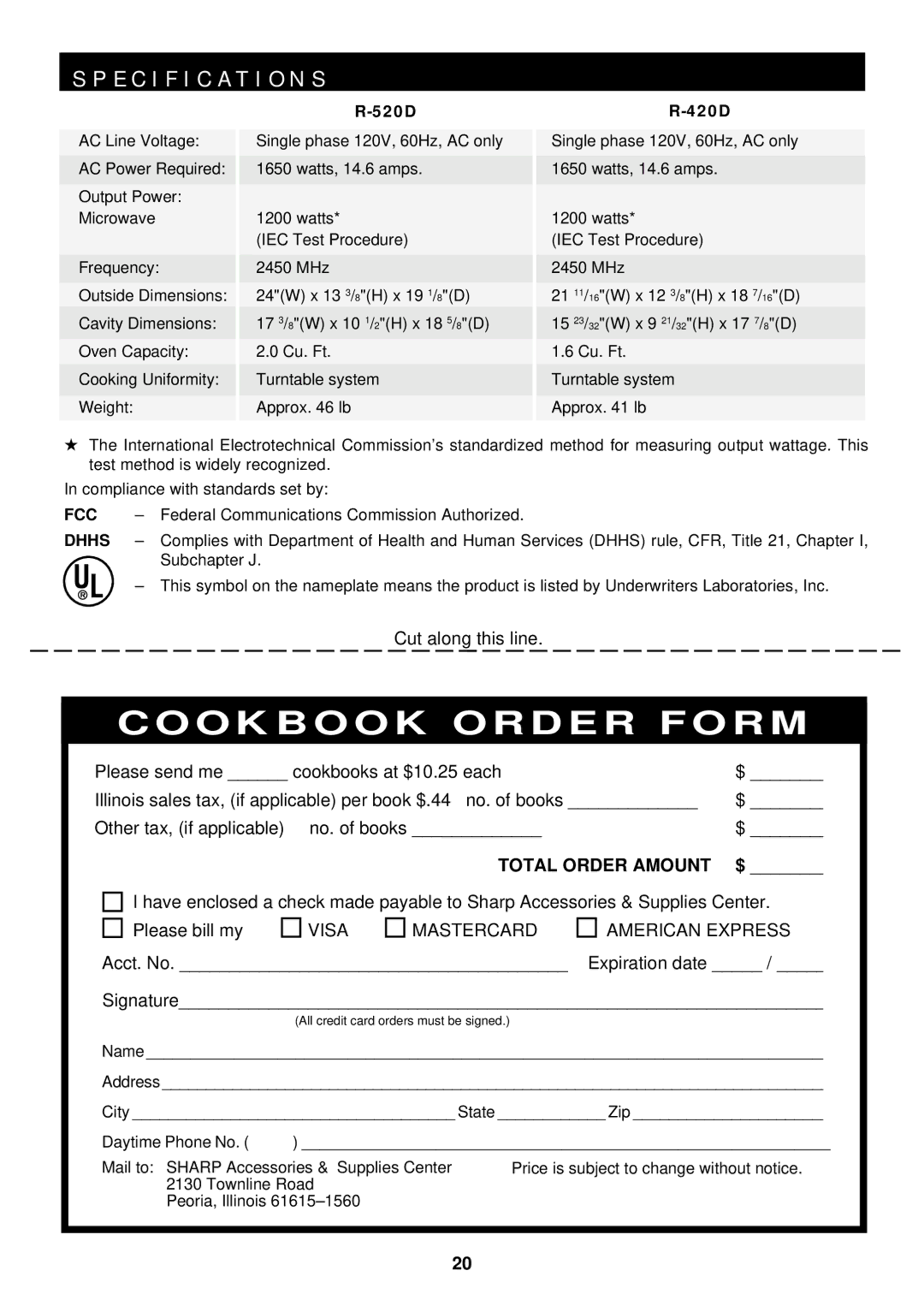 Sharp R-420D, R-520D operation manual Specification S 