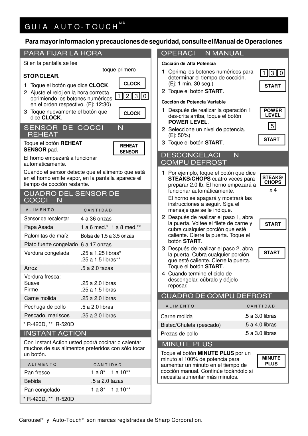 Sharp R-520D, R-420D Toque el botón que dice Clock, Toque el botón Reheat, Sensor pad, Cocción de Alta Potencia 