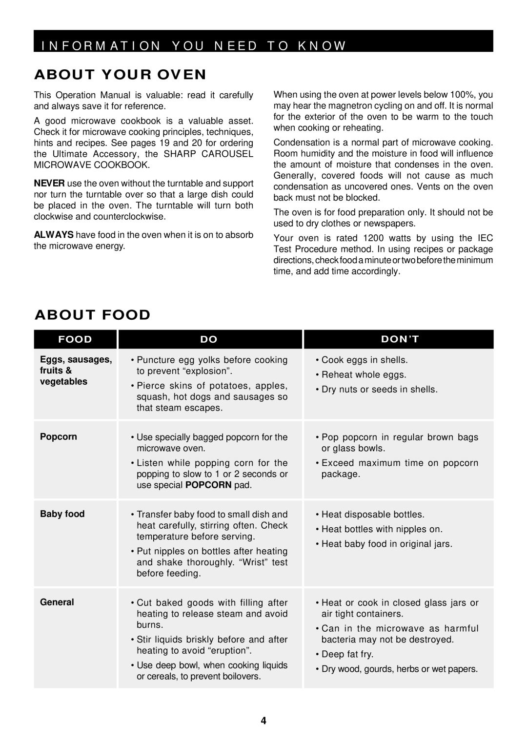 Sharp R-420D, R-520D operation manual About Your Oven, About Food 