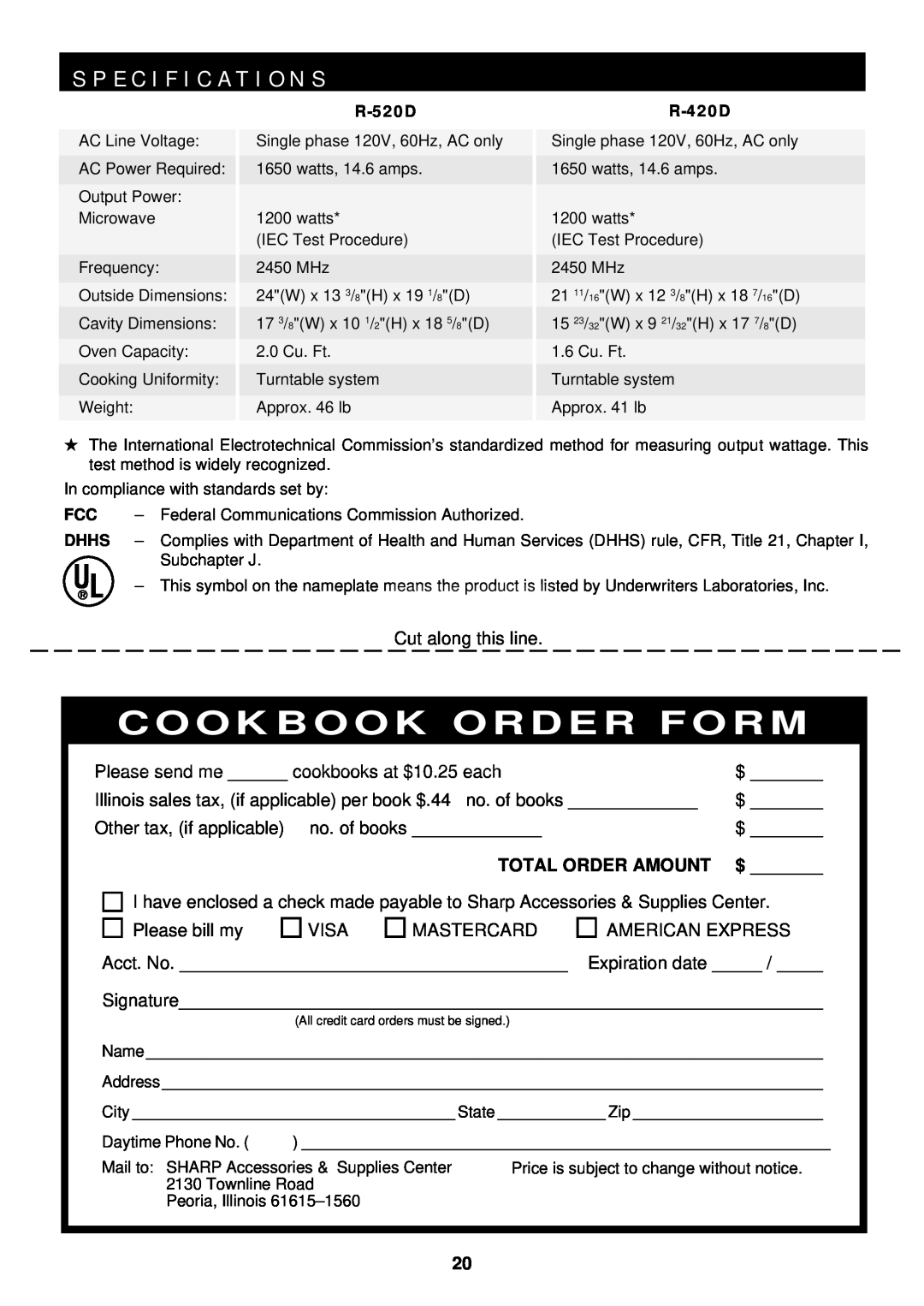 Sharp R-420D, R-520D operation manual S P E C I F I C A T I O N S, Total Order Amount, Cookbook Order Form 