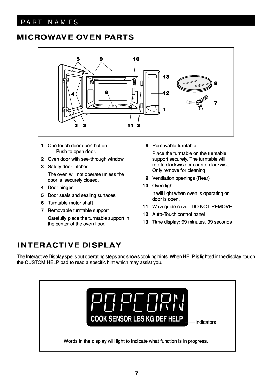 Sharp R-520D, R-420D operation manual P A R T N A M E S, Microwave Oven Parts, Interactive Display 