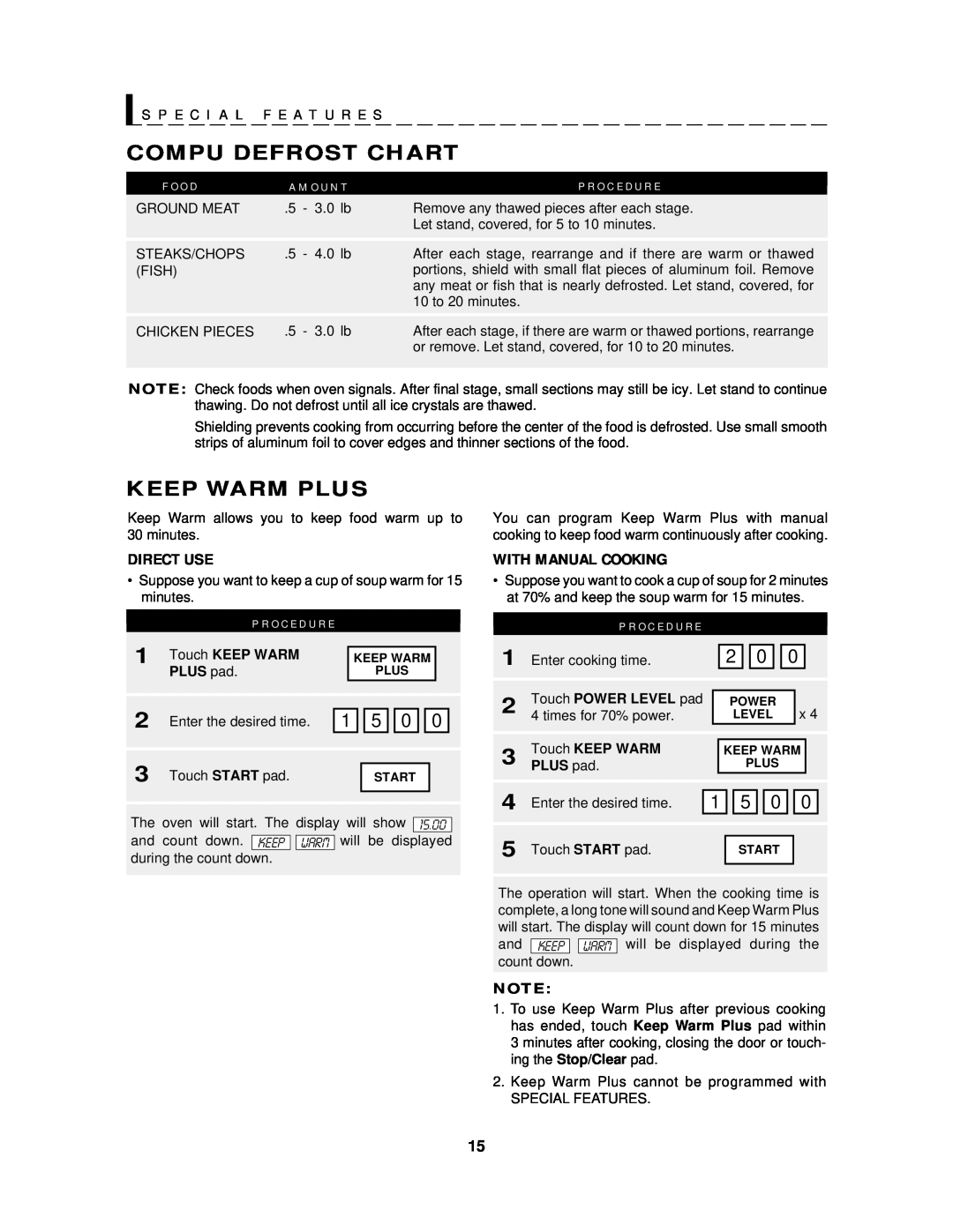 Sharp R-519E Compu Defrost Chart, Keep Warm Plus, A M O U N T, S P E C I A L F E A T U R E S, F O O D, P R O C E D U R E 