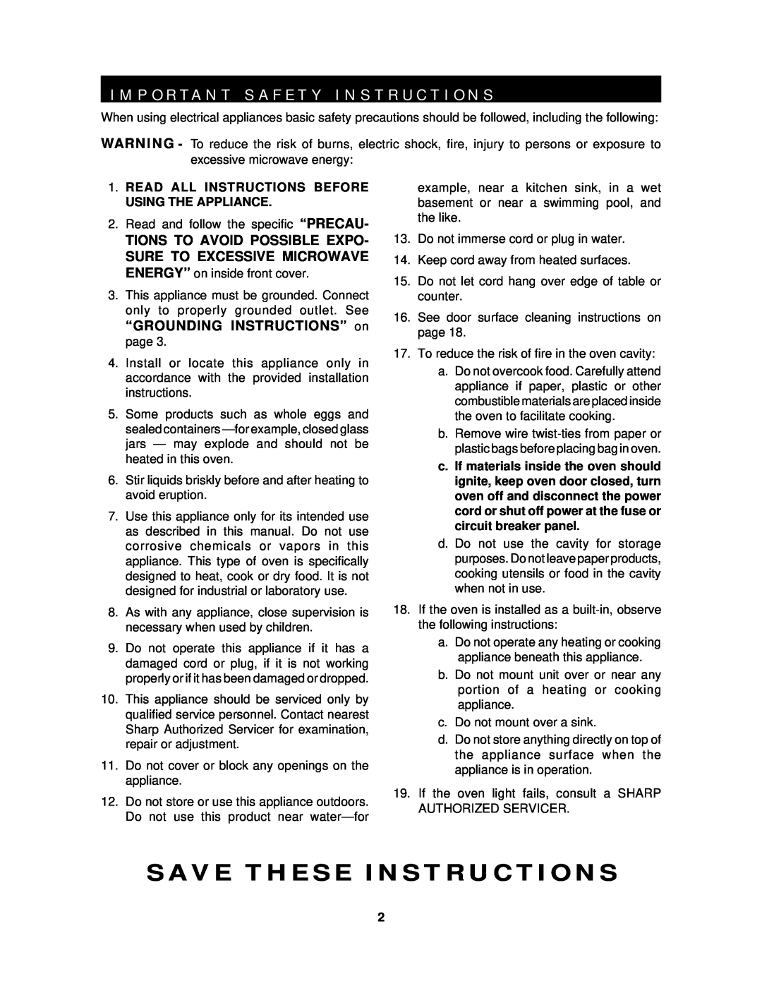 Sharp R-425E, R-420E, R-519E operation manual Save These Instructions 