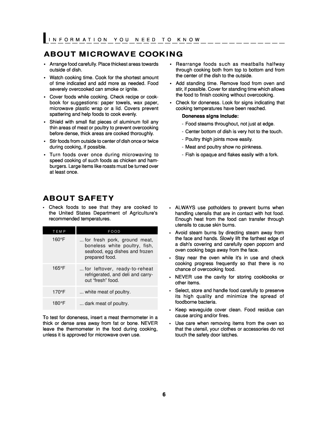 Sharp R-519E About Microwave Cooking, About Safety, T E M P, F O O D, I N F O R M A T I O N Y O U N E E D T O K N O W 