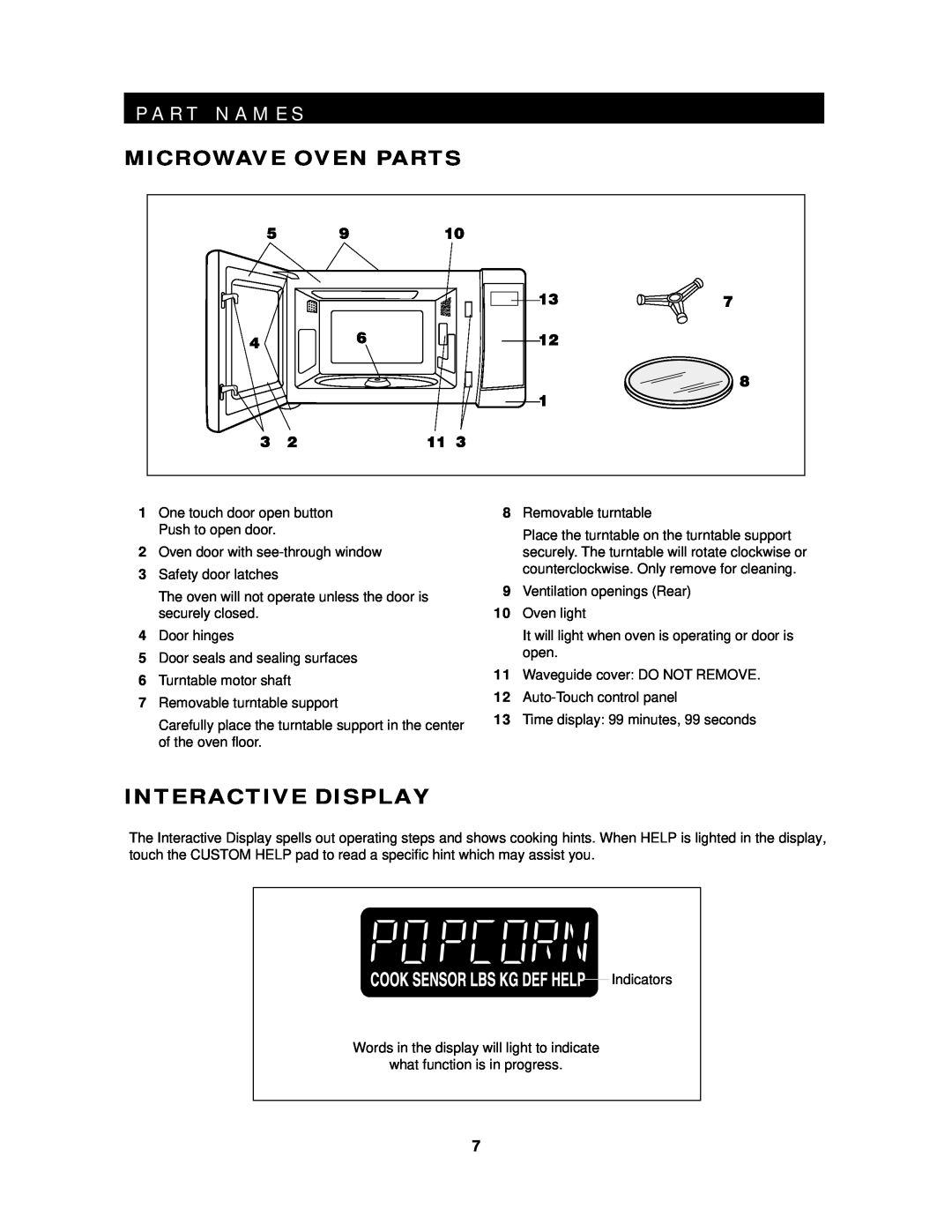 Sharp R-420E, R-425E, R-519E operation manual P A R T N A M E S, Microwave Oven Parts, Interactive Display 