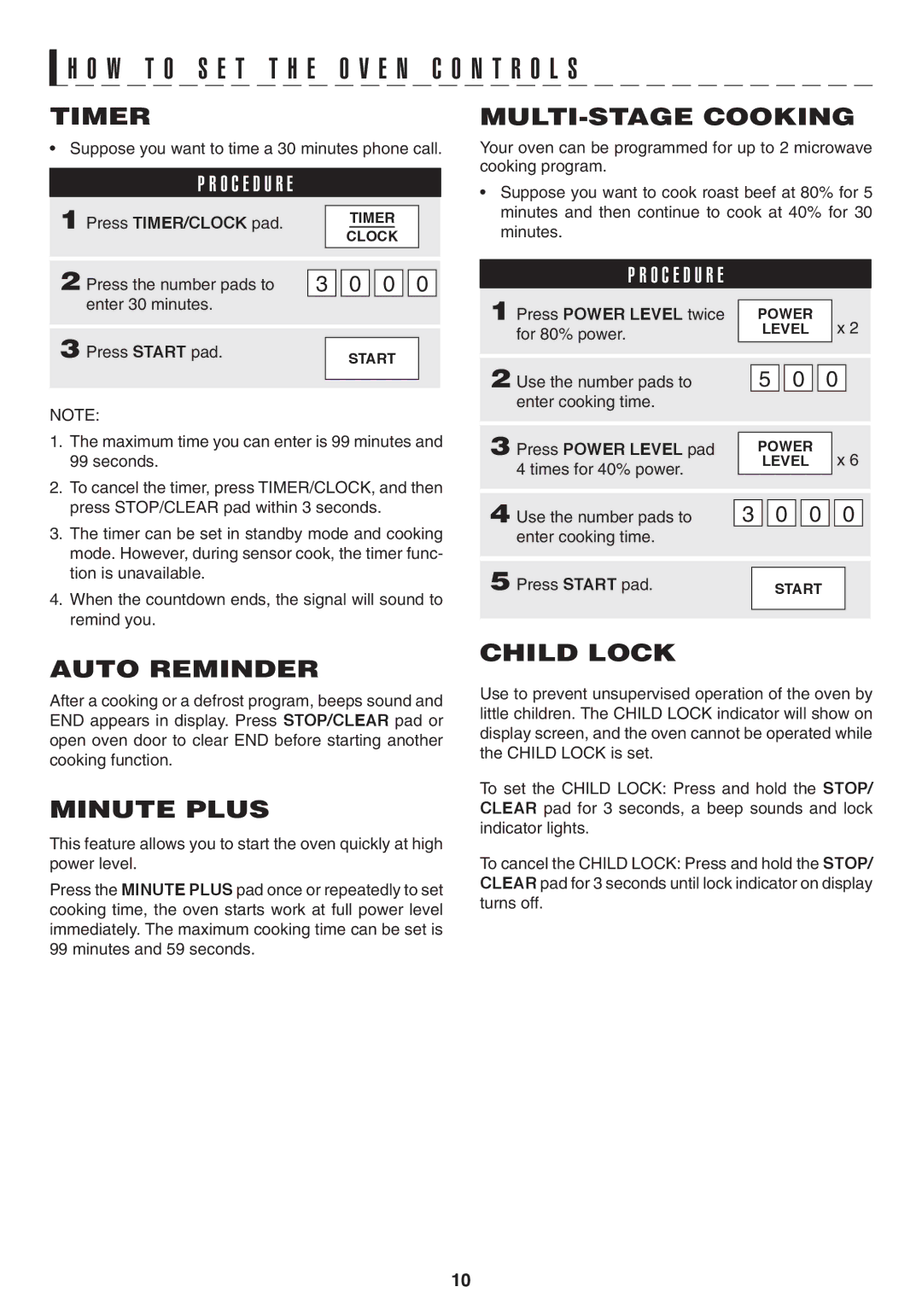 Sharp R-423TKC, R-323TKC, R-323TWC, R-423TWC warranty Timer, Multi-stage cooking, Auto Reminder, Minute Plus, Child Lock 