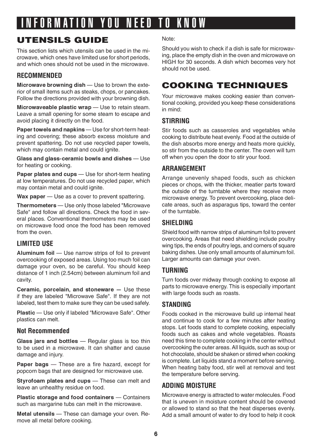 Sharp R-323TKC, R-323TWC, R-423TKC, R-423TWC warranty Utensils Guide, Cooking Techniques 