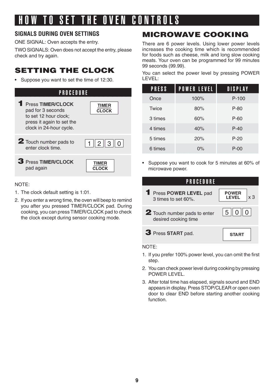 Sharp R-323TWC, R-323TKC, R-423TKC warranty Setting the Clock, Microwave Cooking, Press TIMER/Clock, Press Power Level pad 