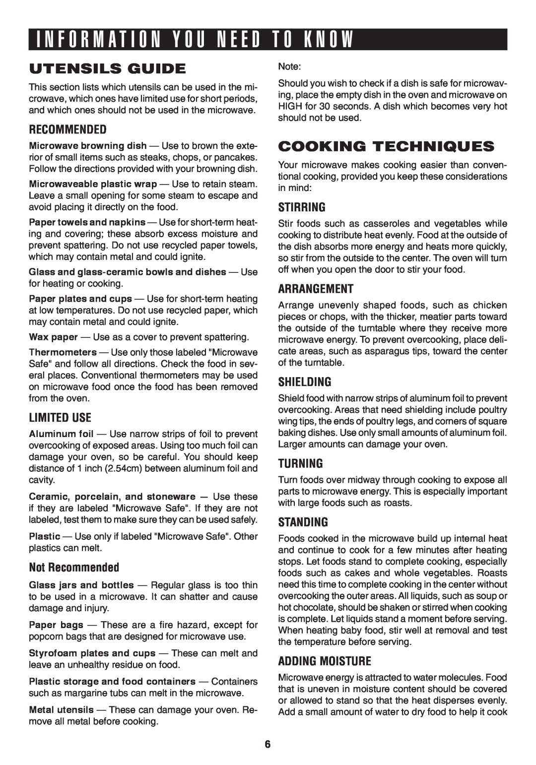 Sharp R-423T T O K N O w, Utensils Guide, Cooking Techniques, Limited Use, Not Recommended, Stirring, Arrangement 