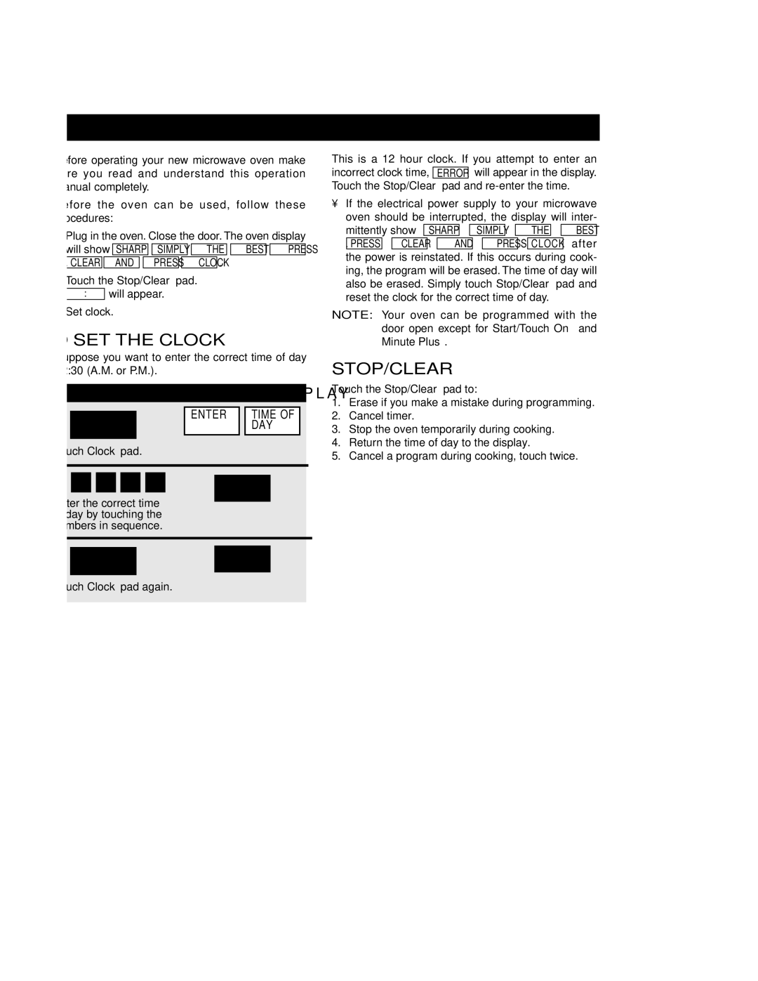 Sharp R-430CS manual F O R E O P E R a T I N G, To SET the Clock, Stop/Clear, Enter Time, Day 