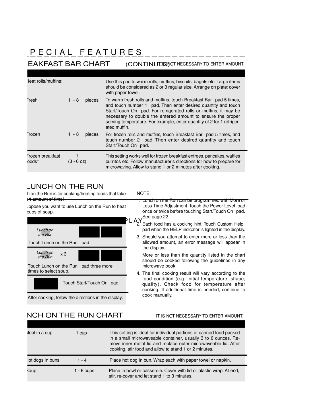 Sharp R-430CS manual Lunch on the RUN Chart, Repeat, Soup Press, Touch Lunch on the Run pad 