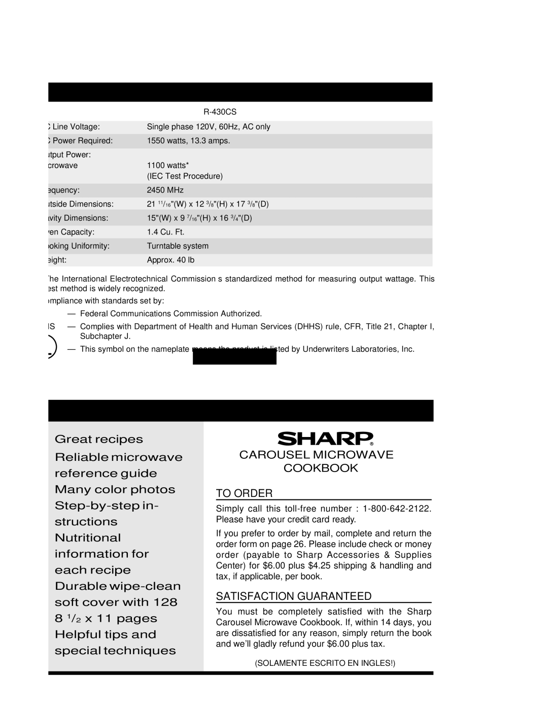 Sharp R-430CS manual Specification S, E U L T I M a T E a C C E S S O R Y, Federal Communications Commission Authorized 