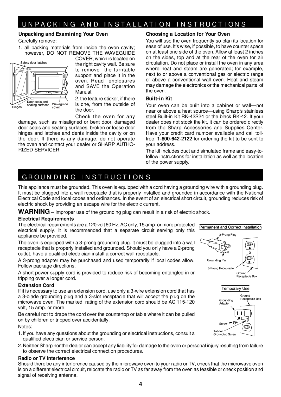 Sharp R-430CS O U N D I N G I N S T R U C T I O N S, Electrical Requirements, Extension Cord, Radio or TV Interference 