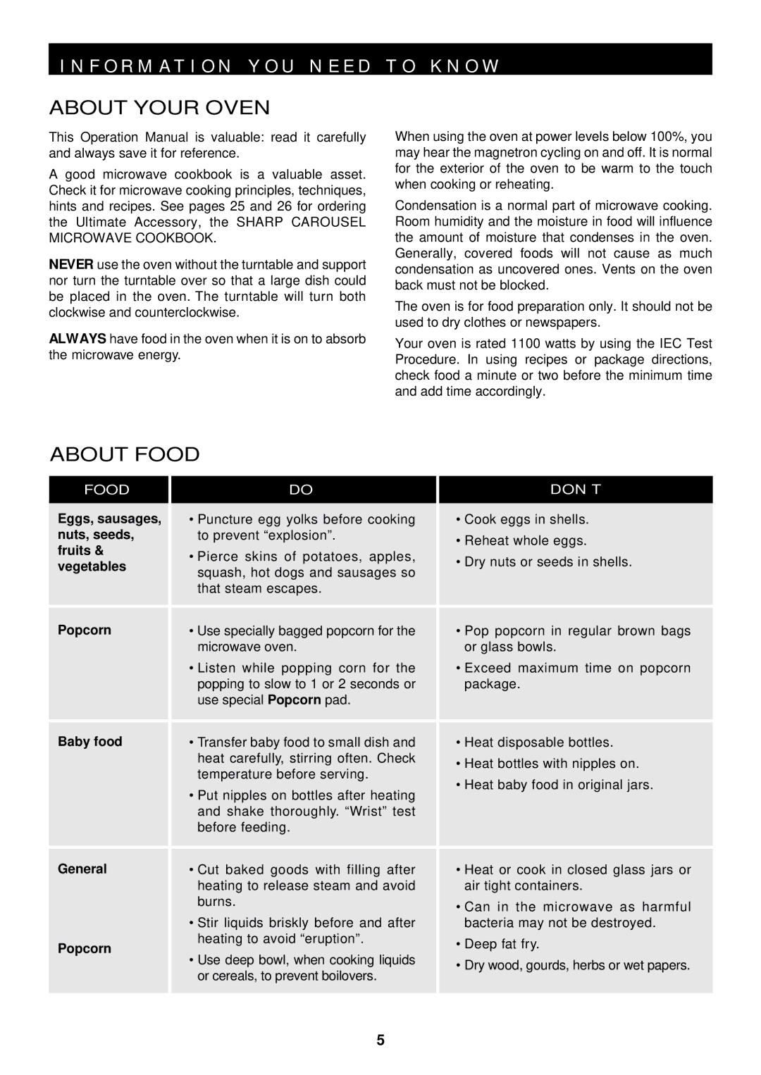 Sharp R-430CS manual About Your Oven, About Food 