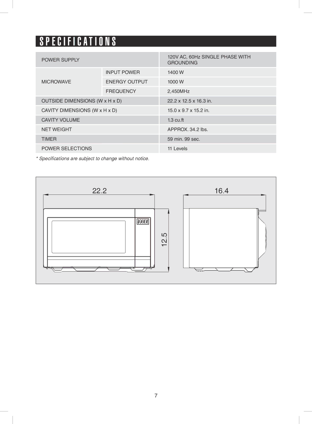 Sharp R-431ZS warranty Specification S, Frequency 