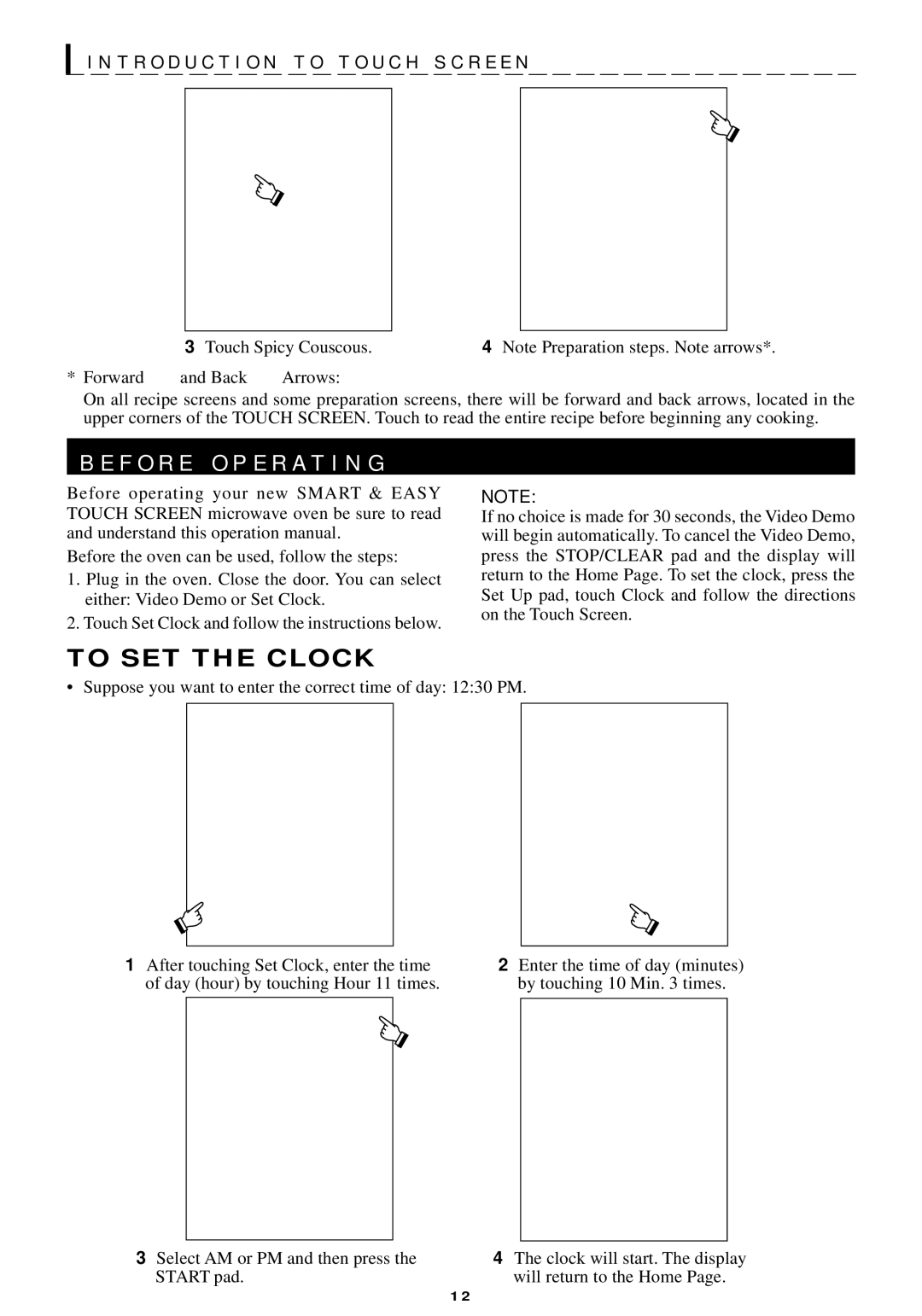 Sharp R-440/540 operation manual T R O D U C T I O N T O T O U C H S C R E E N, To SET the Clock 