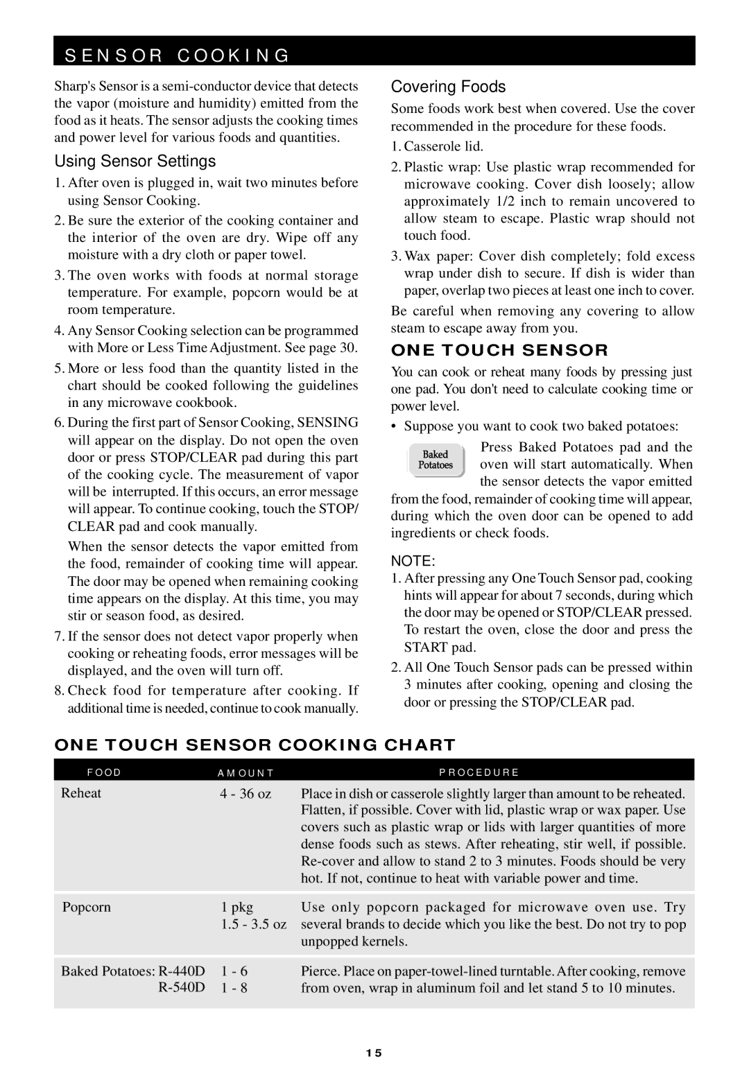 Sharp R-440/540 operation manual ONE Touch Sensor Cooking Chart 