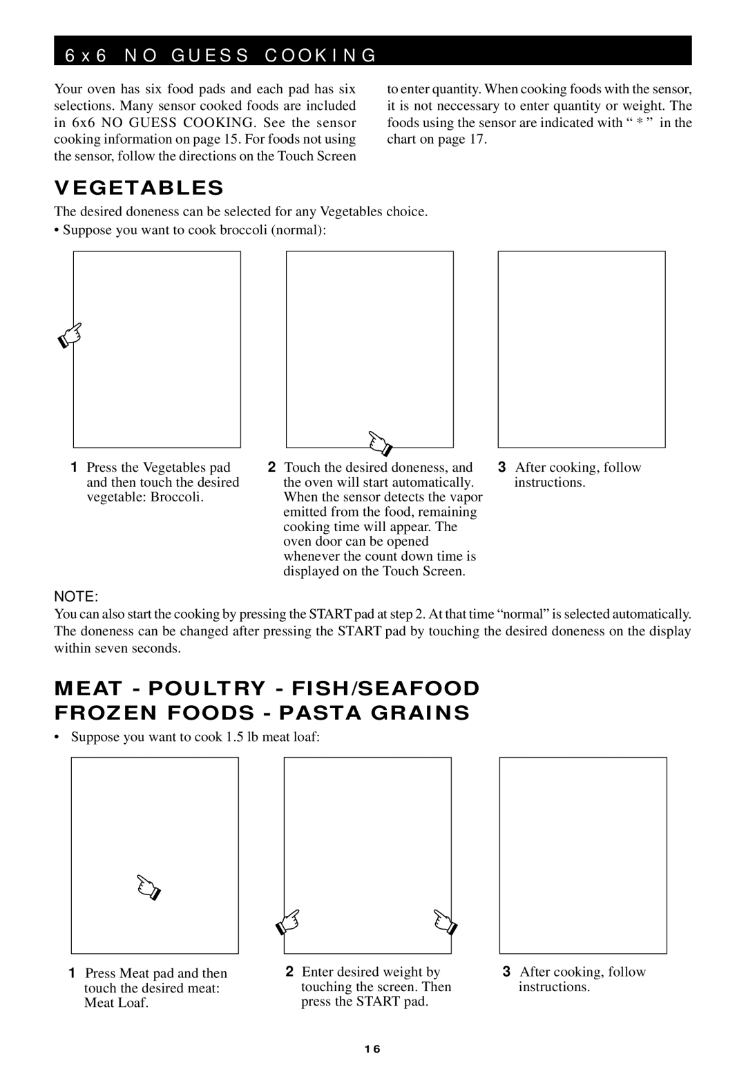 Sharp R-440/540 operation manual Vegetables, Meat Poultry FISH/SEAFOOD Frozen Foods Pasta Grains 