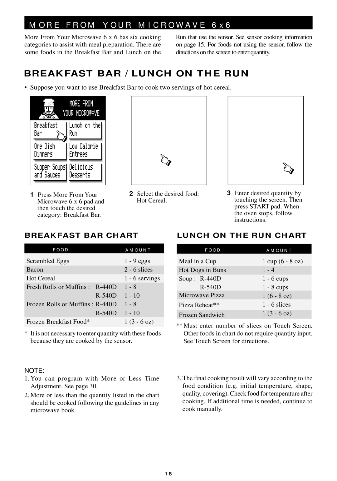 Sharp R-440/540 operation manual Breakfast BAR / Lunch on the RUN, Breakfast BAR Chart, Lunch on the RUN Chart 