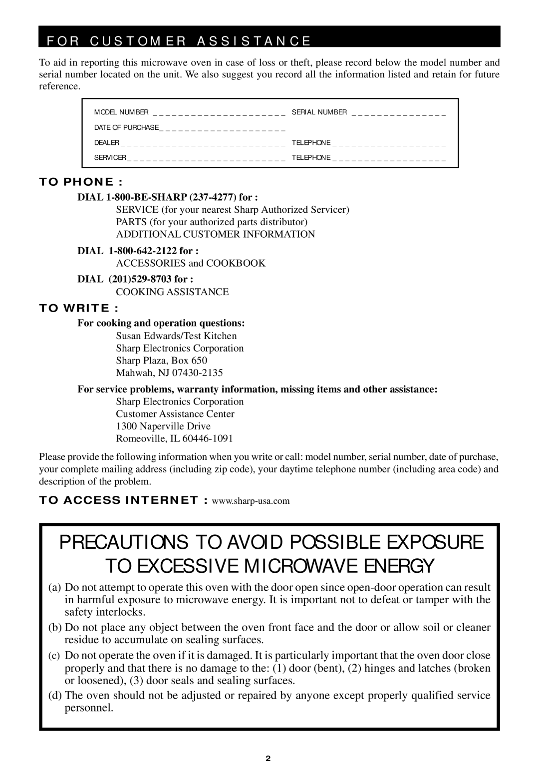 Sharp R-440/540 operation manual R C U S T O M E R a S S I S T a N C E, Date of Purchase 