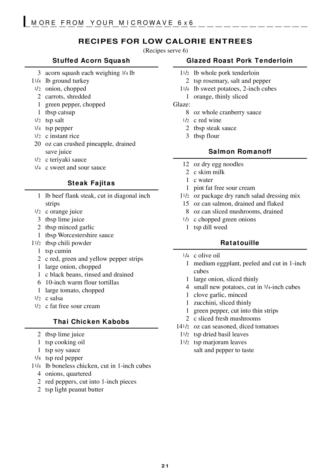 Sharp R-440/540 operation manual Recipes for LOW Calorie Entrees 