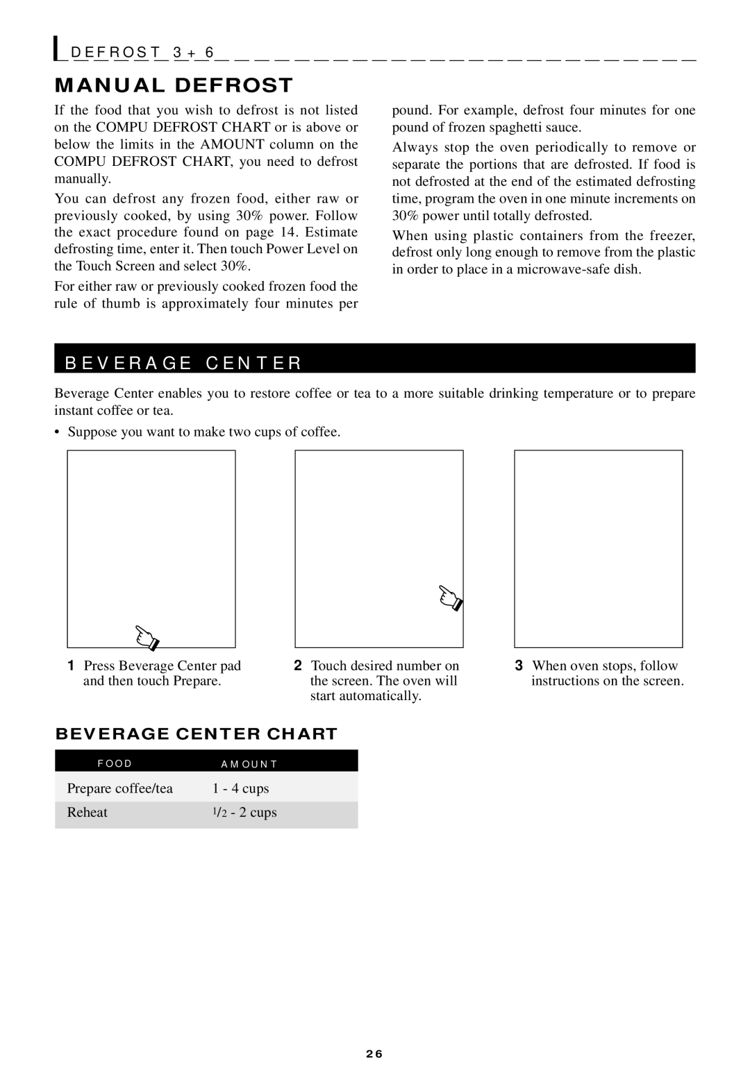 Sharp R-440/540 operation manual V E R a G E C E N T E R, Manual Defrost, Beverage Center Chart 