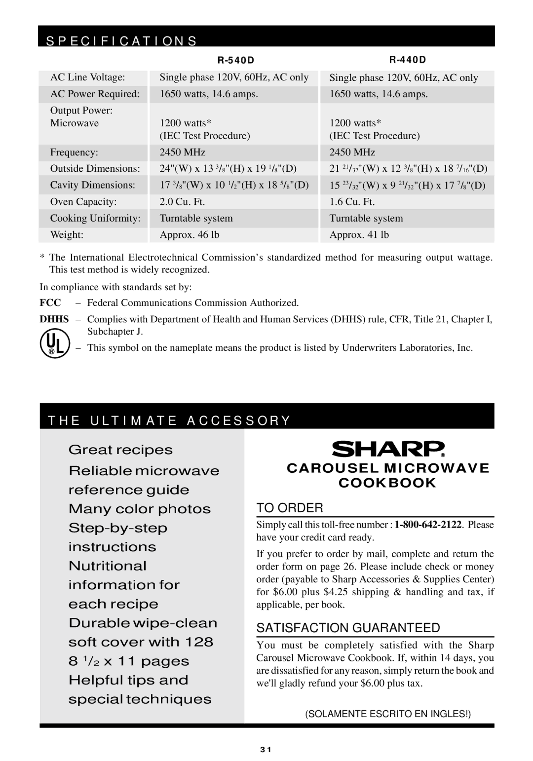 Sharp R-440/540 operation manual Specification S, E U L T I M a T E a C C E S S O R Y 