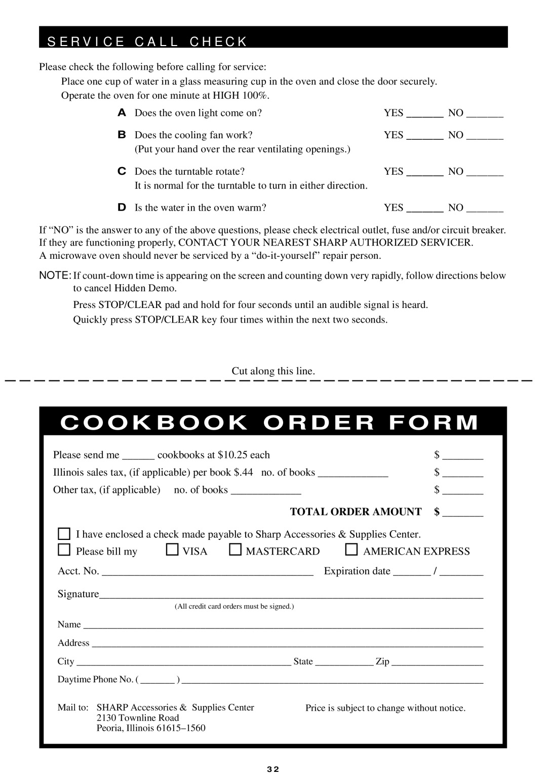 Sharp R-440/540 operation manual R V I C E C a L L C H E C K, Cookbook Order Form 