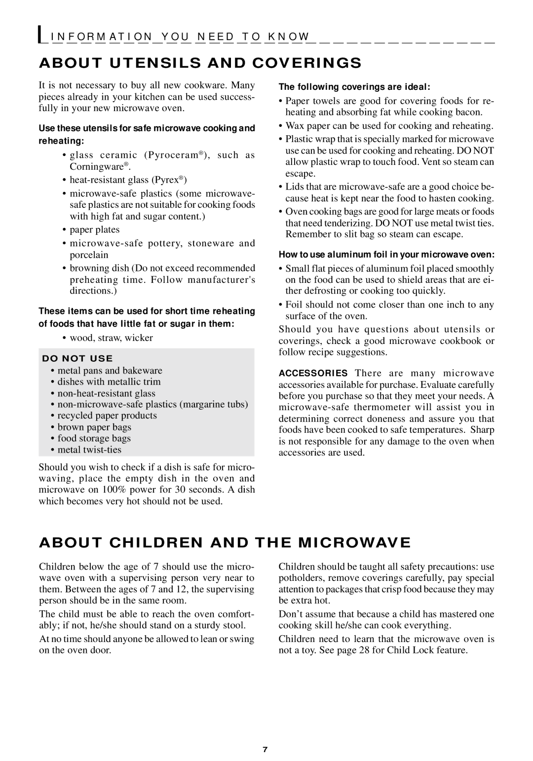 Sharp R-440/540 operation manual F O R M a T I O N Y O U N E E D T O K N O W, About Utensils and Coverings 