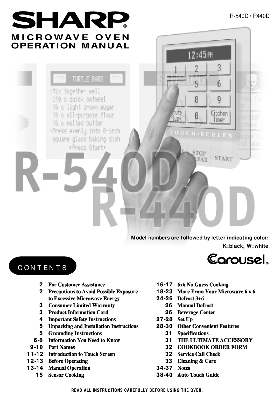 Sharp R-440/540 operation manual C O N T E N T S, R-540D /R440D, K=black, W=white, Microwave Oven Operation Manual 