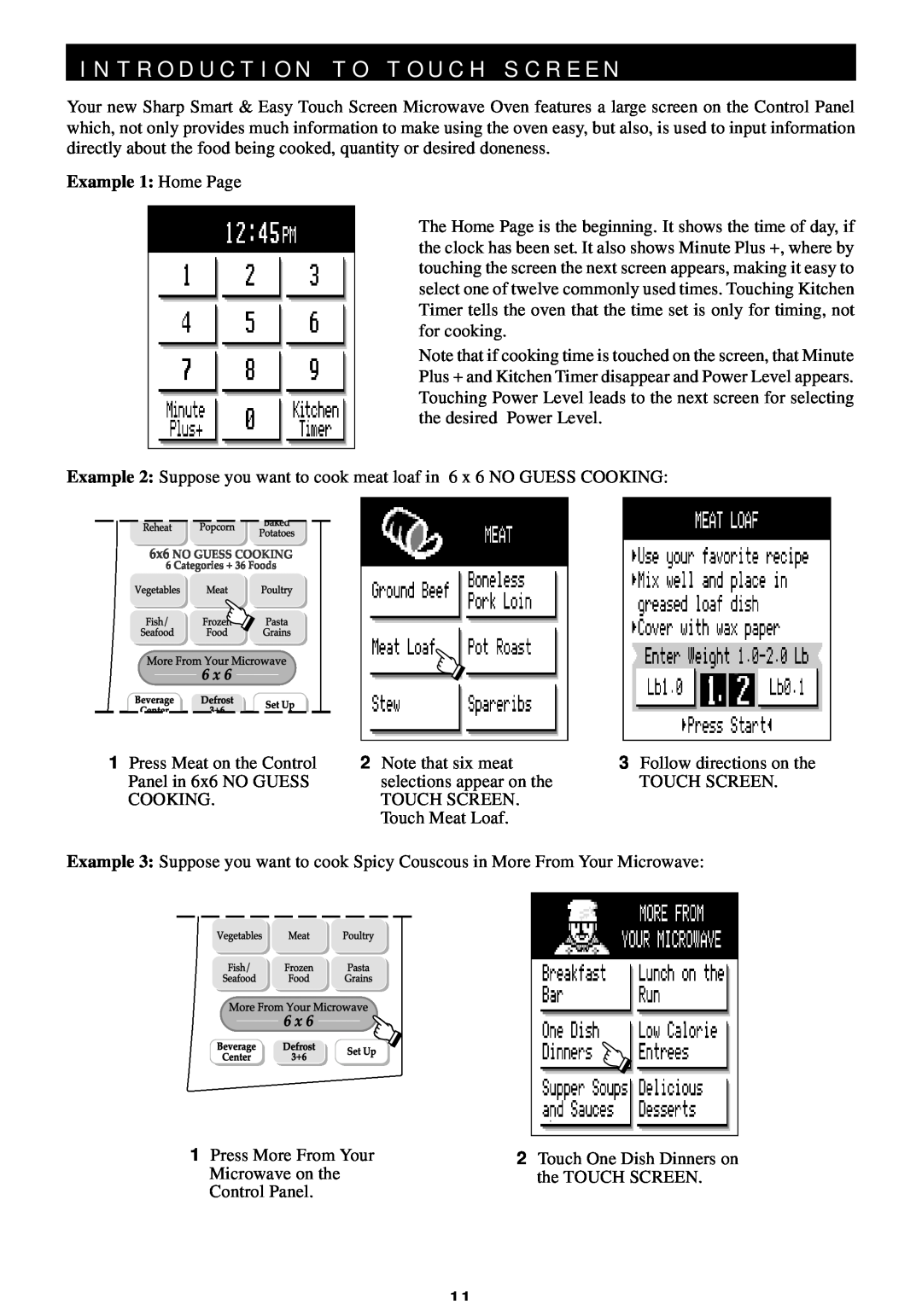 Sharp R-440/540 operation manual I N T R O D U C T I O N T O T O U C H S C R E E N, Example 1: Home Page 