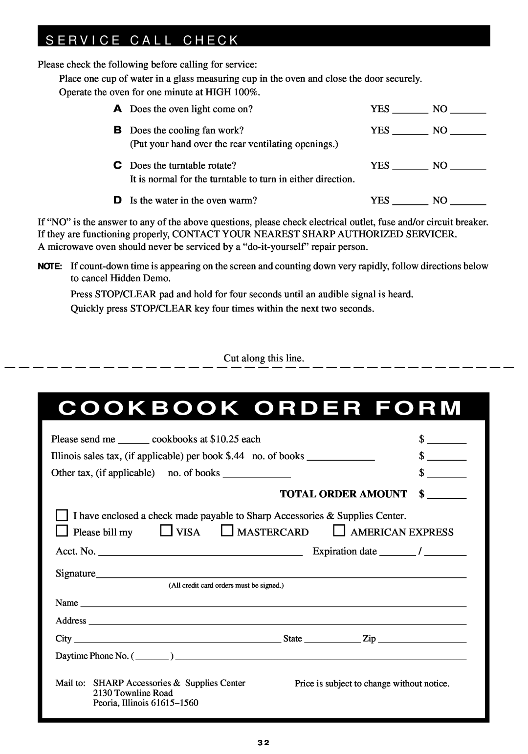 Sharp R-440/540 operation manual S E R V I C E C A L L C H E C K, Cookbook Order Form 