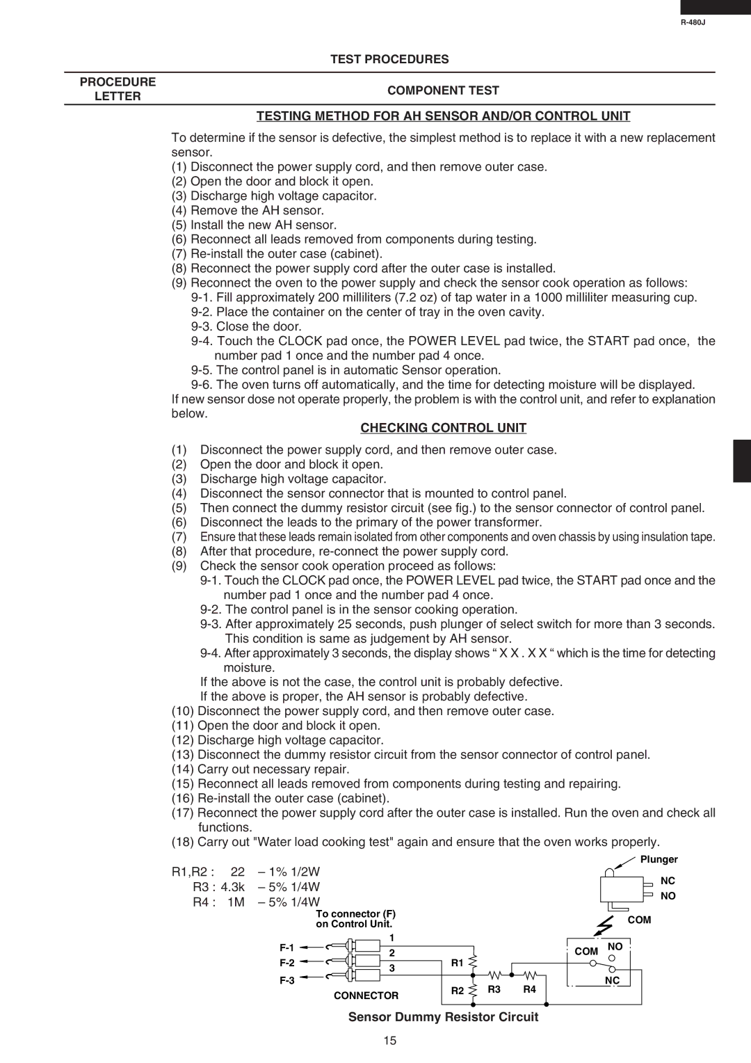 Sharp R-480J service manual Test Procedures Letter, Testing Method for AH Sensor AND/OR Control Unit, Checking Control Unit 