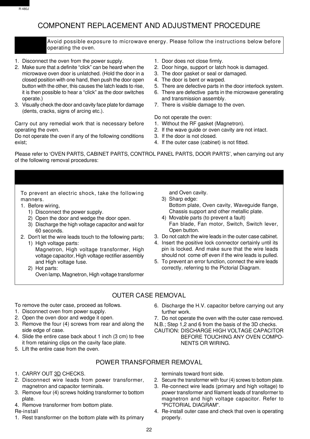 Sharp R-480J service manual Component Replacement and Adjustment Procedure, Outer Case Removal, Power Transformer Removal 