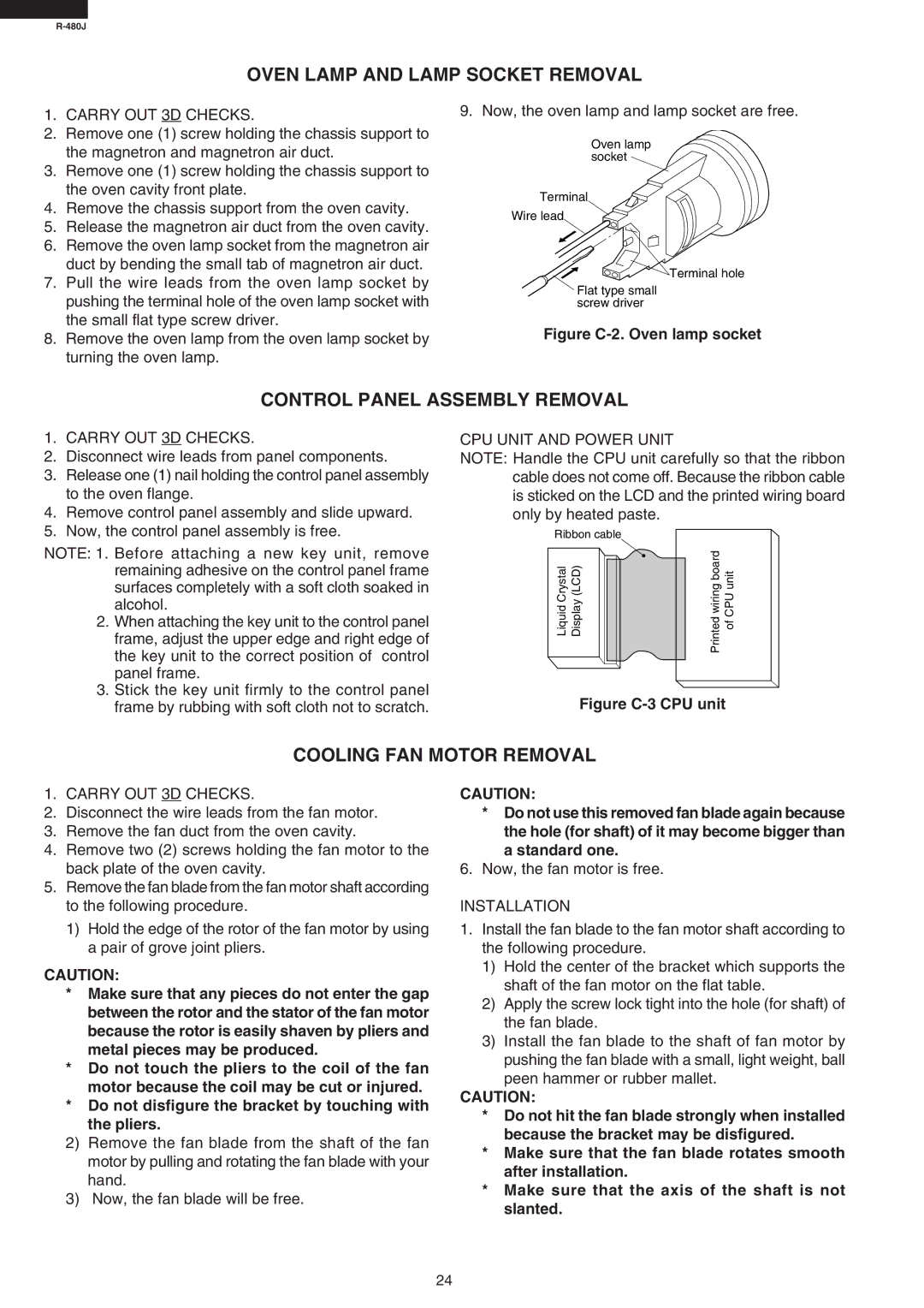 Sharp R-480J Oven Lamp and Lamp Socket Removal, Control Panel Assembly Removal, Cooling FAN Motor Removal, Installation 