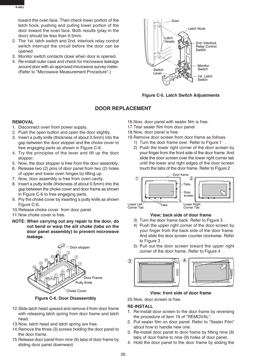 Sharp R-480J Door Replacement, Removal, View back side of door frame, View front side of door frame, Re-Install 