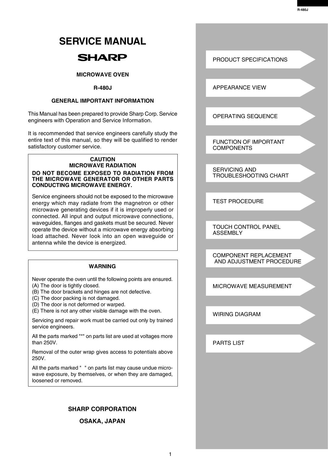 Sharp R-480J service manual Sharp Corporation OSAKA, Japan, Microwave Oven, General Important Information 