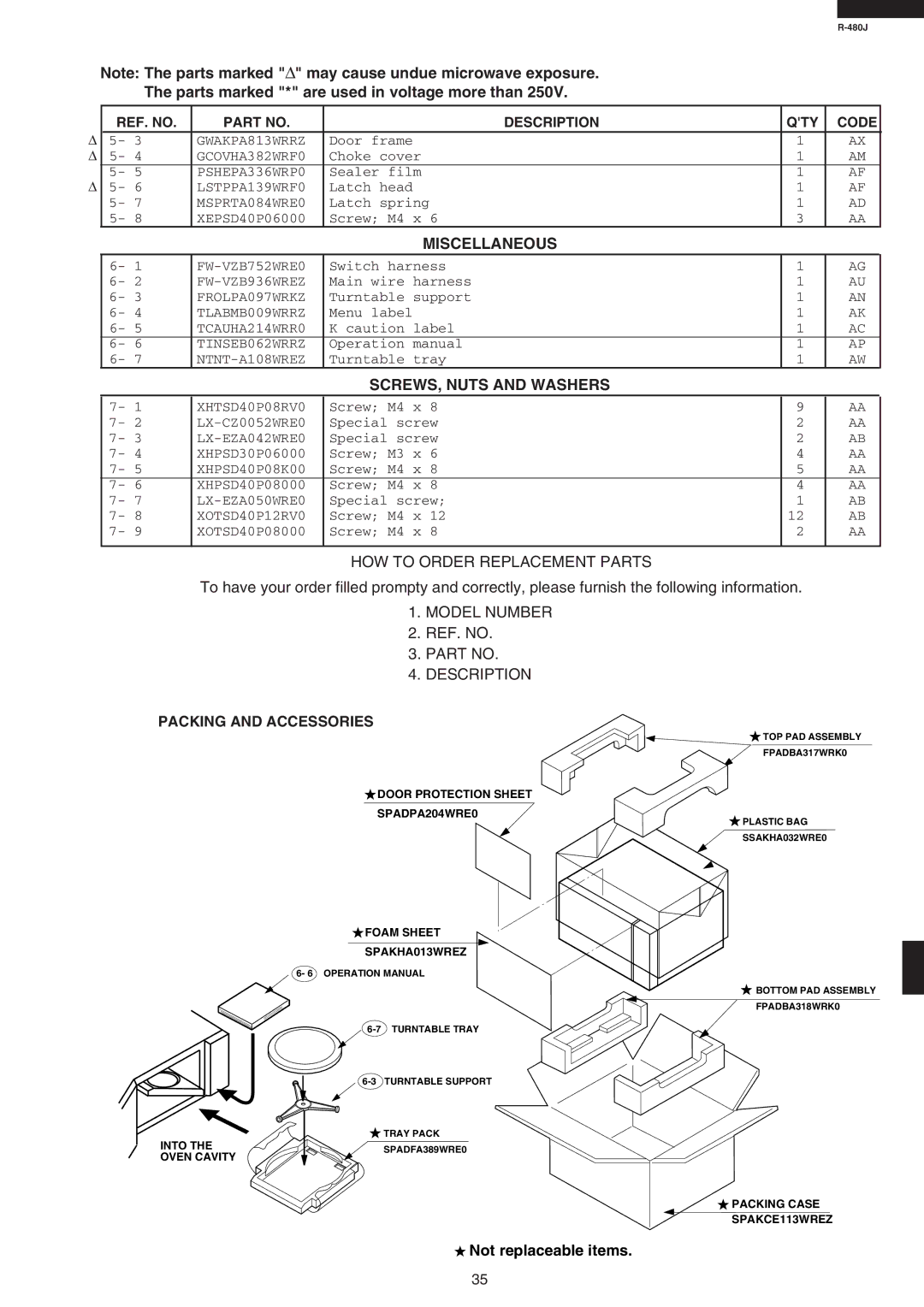 Sharp R-480J service manual Miscellaneous, SCREWS, Nuts and Washers, Packing and Accessories, Not replaceable items 