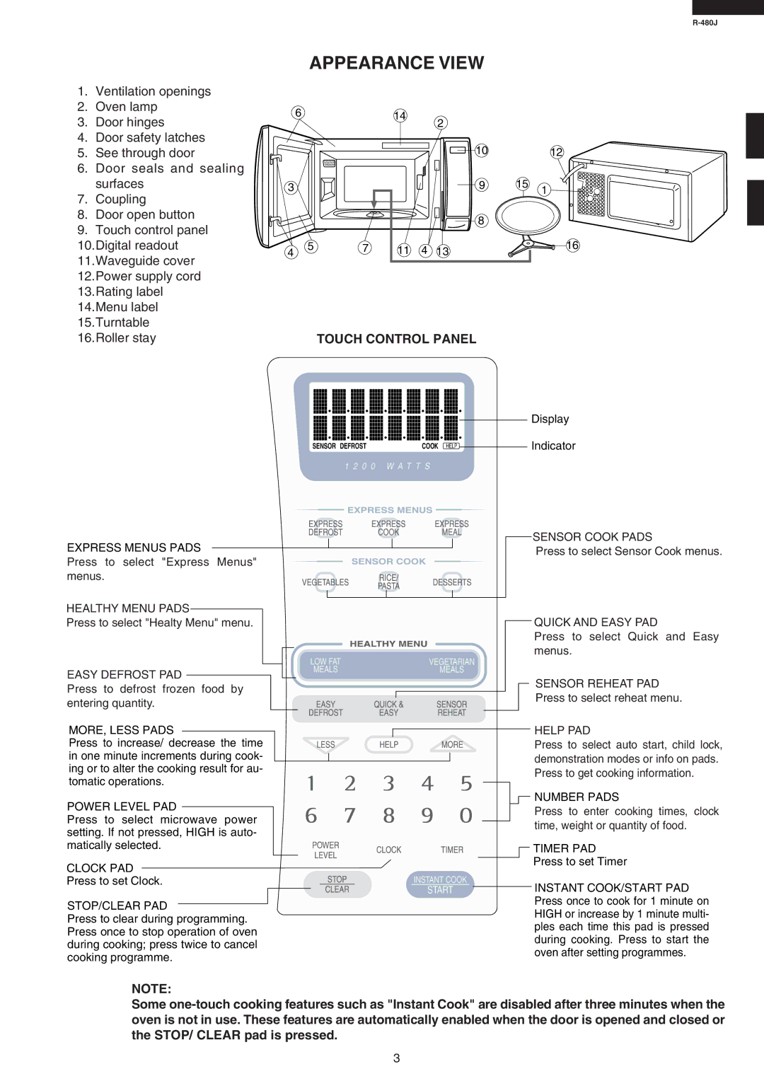 Sharp R-480J service manual Appearance View, Touch Control Panel 