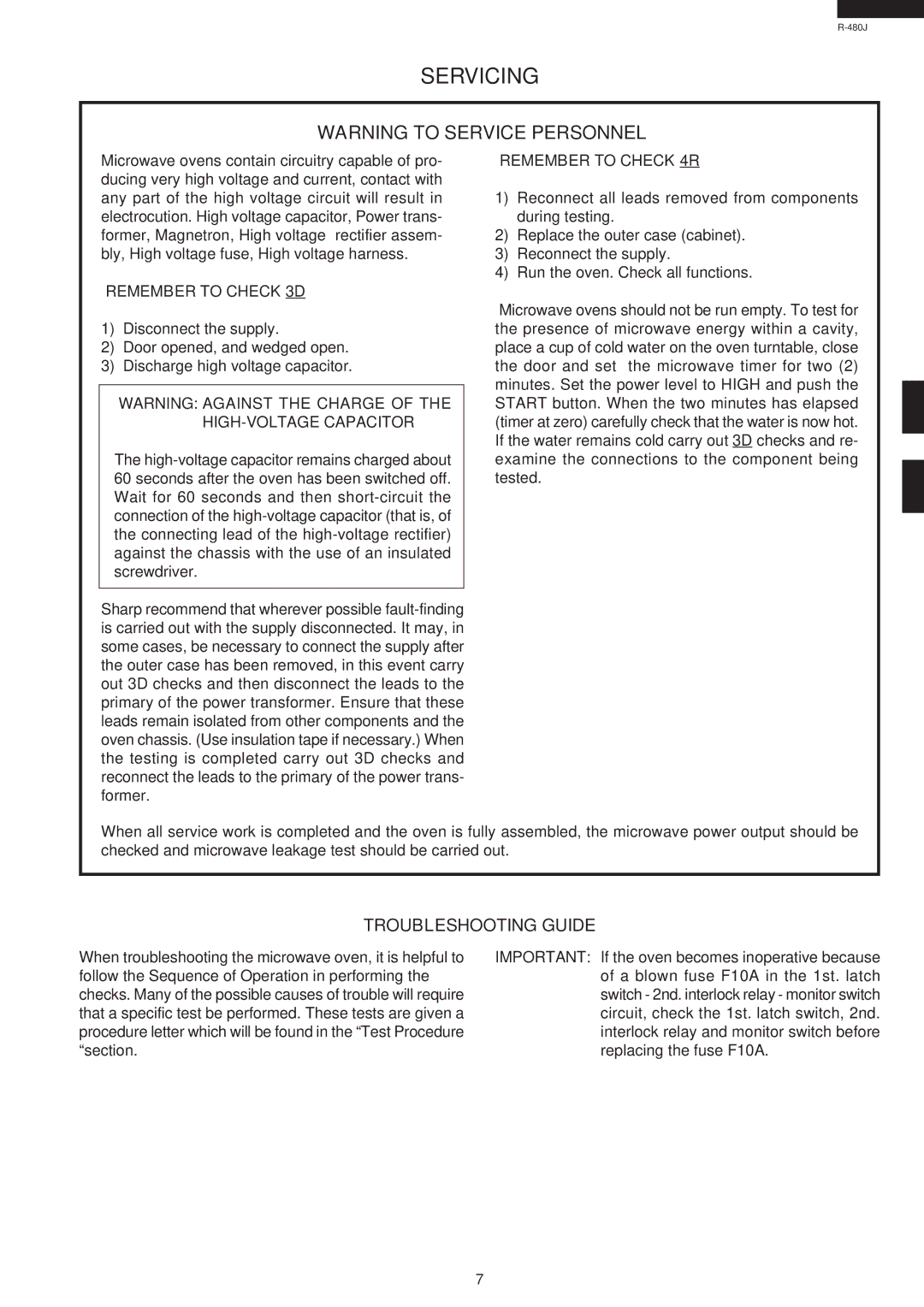 Sharp R-480J service manual Servicing, Troubleshooting Guide, Remember to Check 3D, Remember to Check 4R 