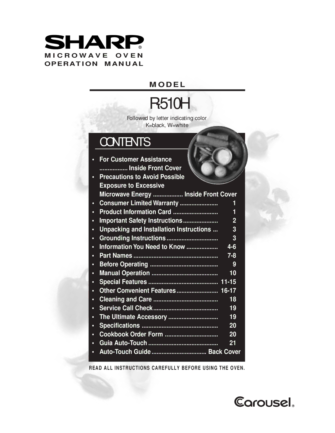 Sharp R-510HK/HW warranty N T E N T S, Model 