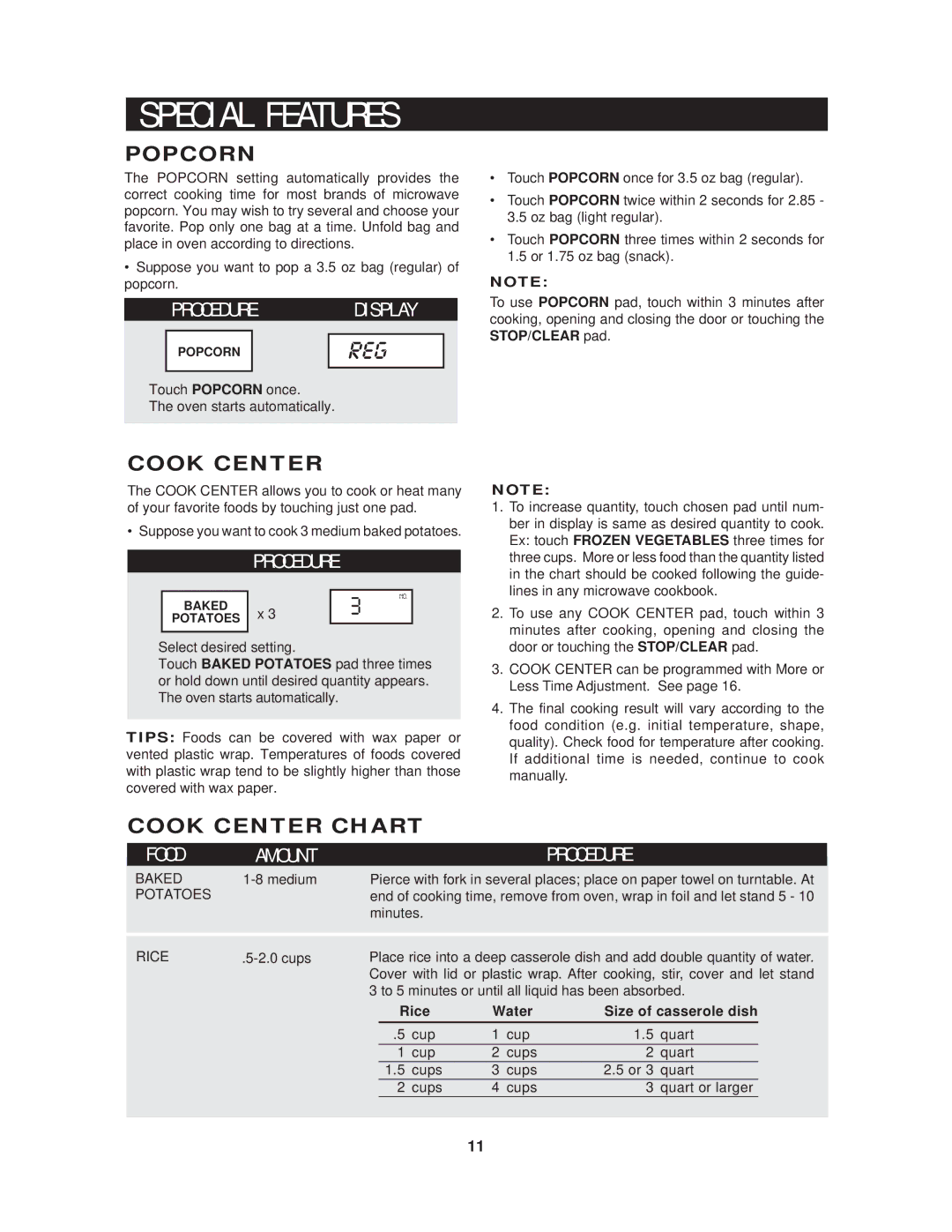 Sharp R-510HK/HW warranty E C I a L F E a T U R E S, Popcorn, Cook Center Chart, Rice Water Size of casserole dish 