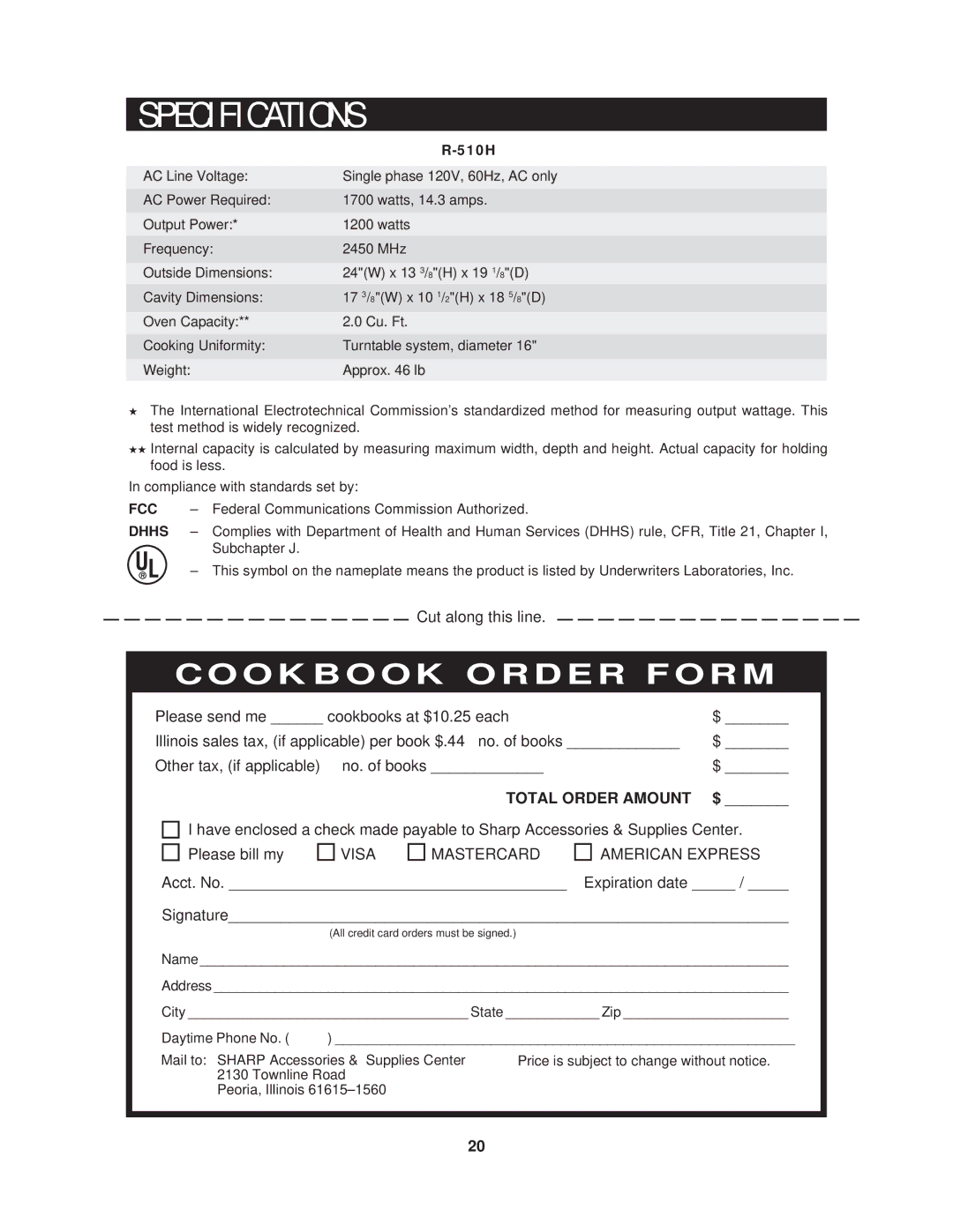 Sharp R-510HK/HW warranty Specification S 