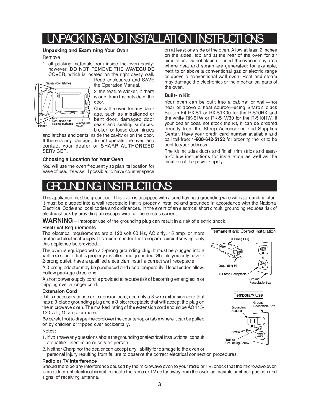 Sharp R-510HK/HW O U N D I N G I N S T R U C T I O N S, Electrical Requirements, Extension Cord, Radio or TV Interference 