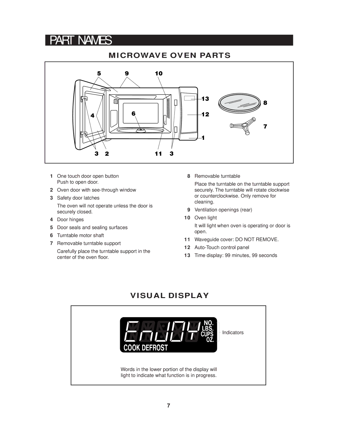 Sharp R-510HK/HW warranty R T N a M E S, Microwave Oven Parts, Visual Display 